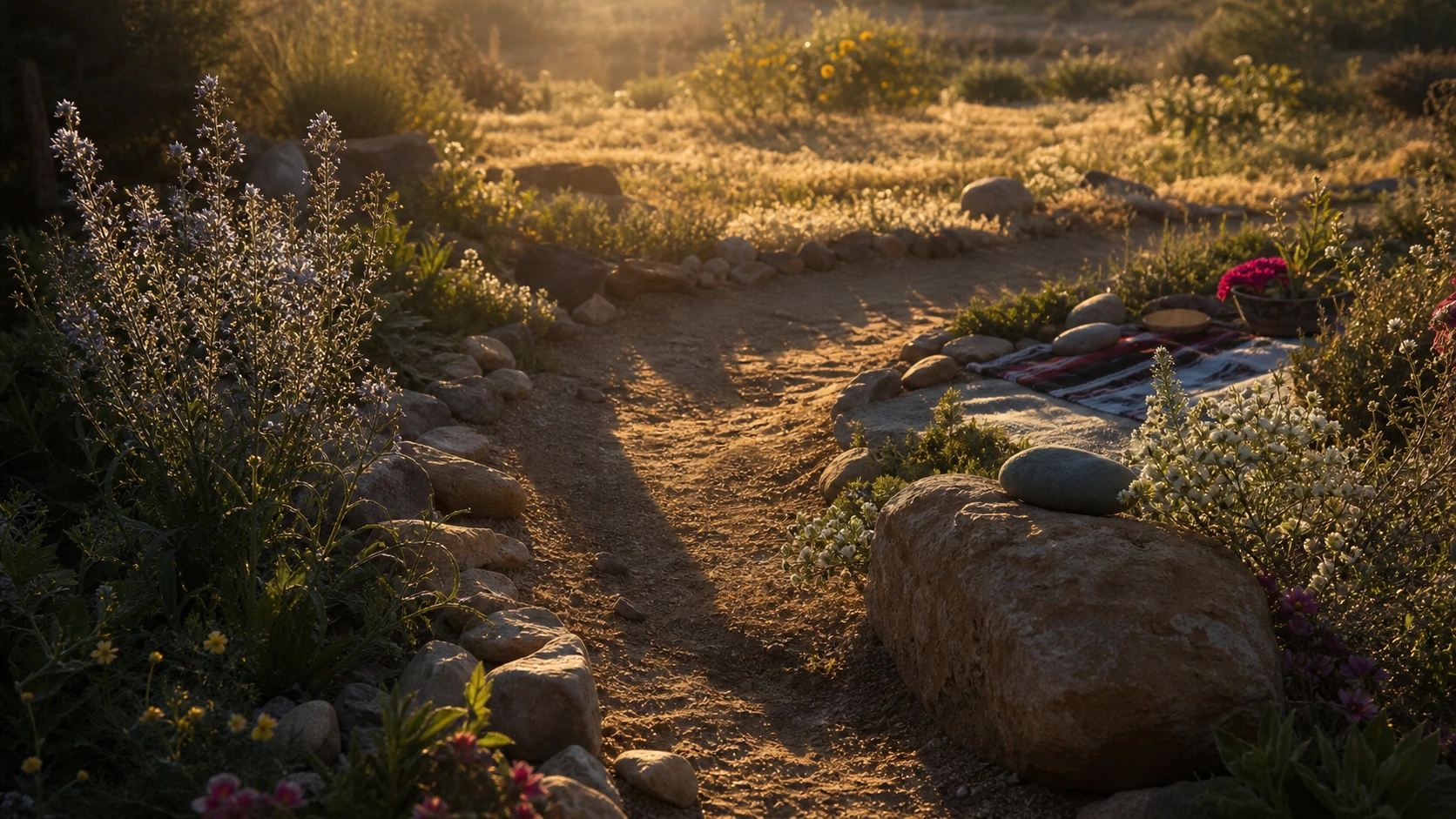 A symbolic spiritual garden with warm earth, path, and desert plants.
